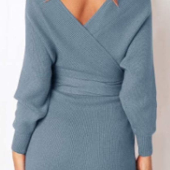Sky Blue Plunge Belted Batwing Knit Sweater Dress - Picture 8 of 9